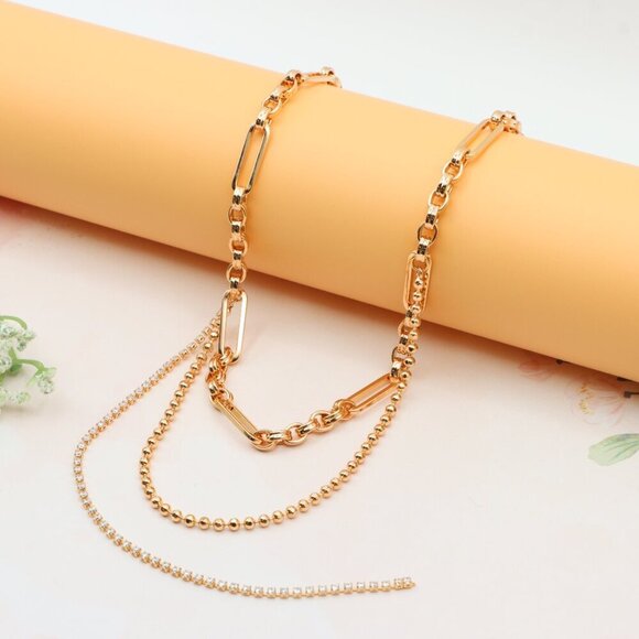 Chunky Link Rose Gold Necklace with Triple Layered Modern Design, XPNL0262 - Picture 7 of 12